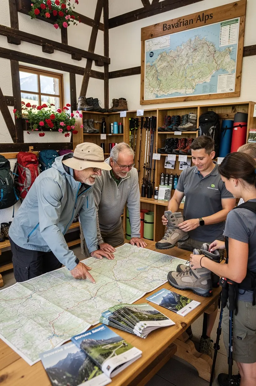 Geführte Wandergruppe, geführt von einem erfahrenen Tourguide, die eine idyllische Waldlandschaft auf einem gut ausgeschilderten Pfad in Deutschland erkundet